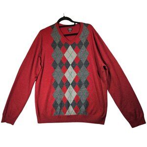 Apt 9 Argyle Sweater XXL Red diamond V-Neck Merino Wool Career Hipster Dad